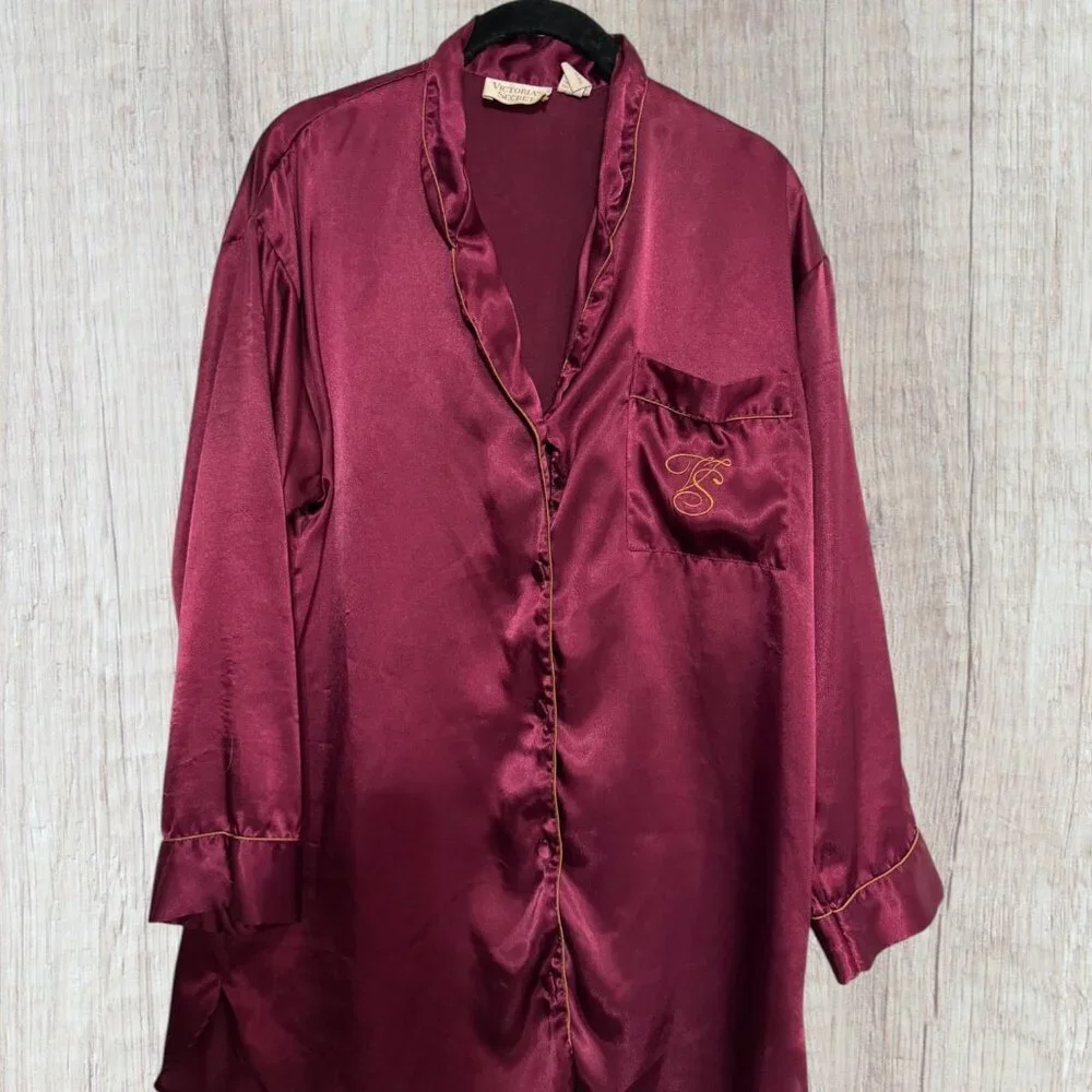 Vintage Victoria’s Secret Gold Label Satin Sleep Shirt Burgundy Y2K Pajamas S